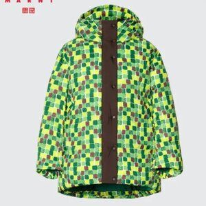 Uniqlo x Marni Oversized Down Hooded Coat Green Hand-Drawn Print S 4-10